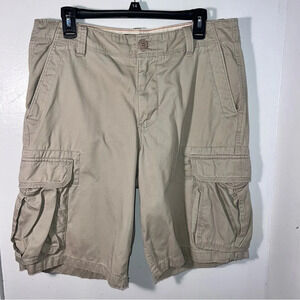 Vintage route 66 men’s tan cargo shorts, size 34, Button zip distressed hem